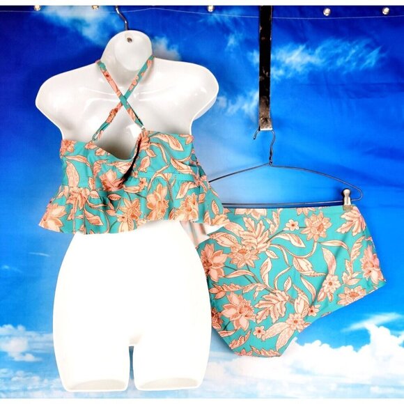 TIME & TRU 2 pc Bikini Aqua/Teal FLORAL Ruffle Top Adj Straps Flattering size 3x - Picture 2 of 6
